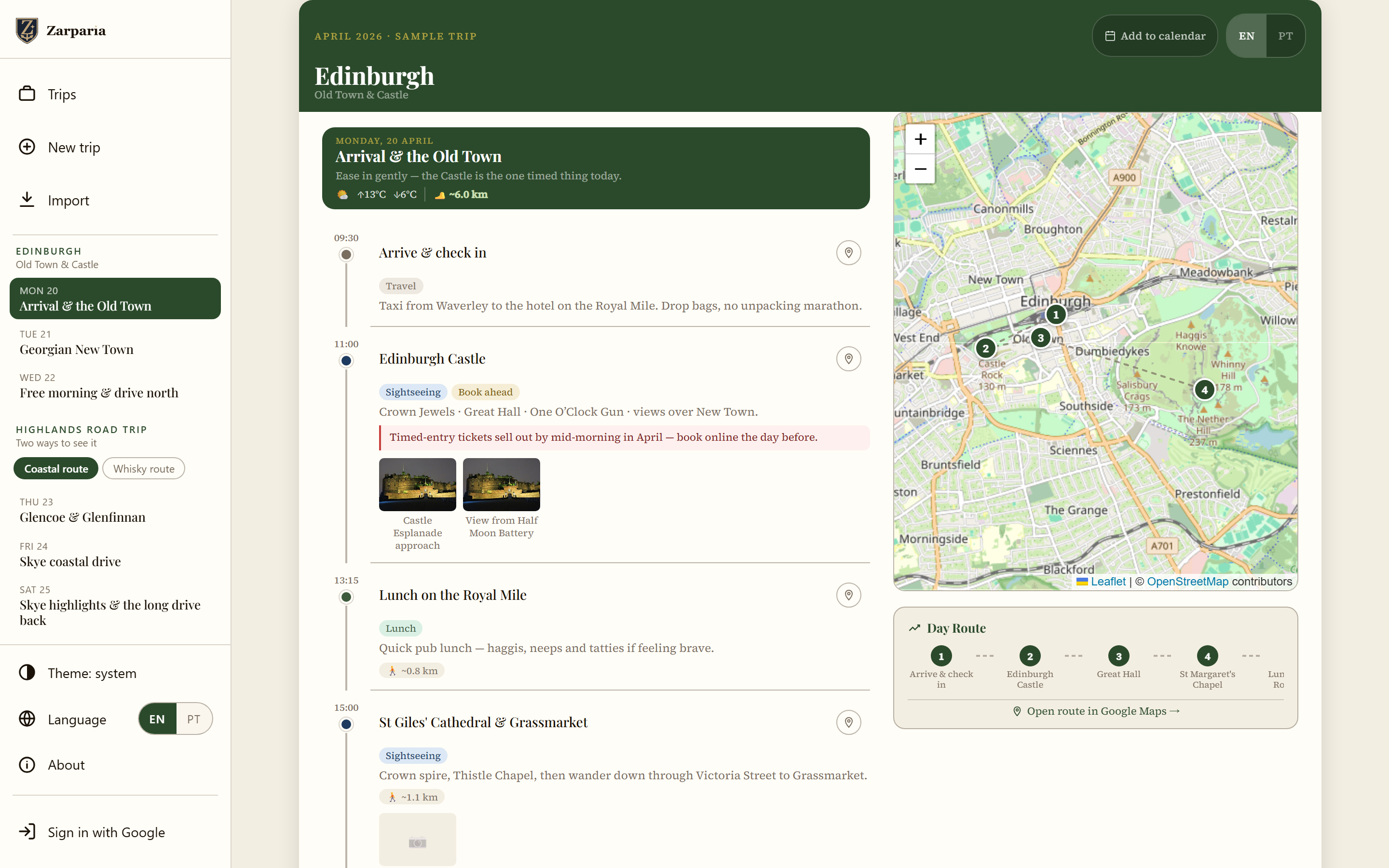 A Zarparia itinerary for a week in Scotland: a sidebar listing the trip's days with a coastal-versus-whisky route toggle, an hour-by-hour schedule with weather and walking distance, and the day's route drawn on a map with numbered stops.
